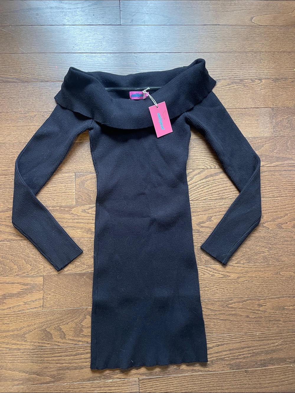 Edikted Black Off-Shoulder Ribbed Long Sleeve Bodycon Dress